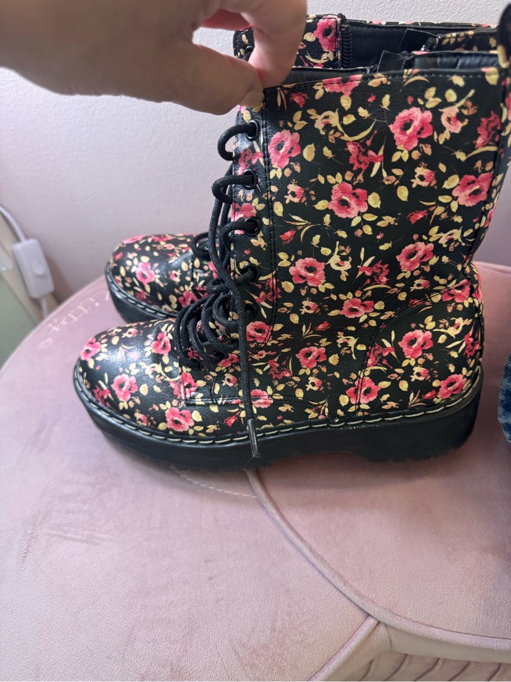 UNIONBAY Black Combat Boots with Pink Floral Print